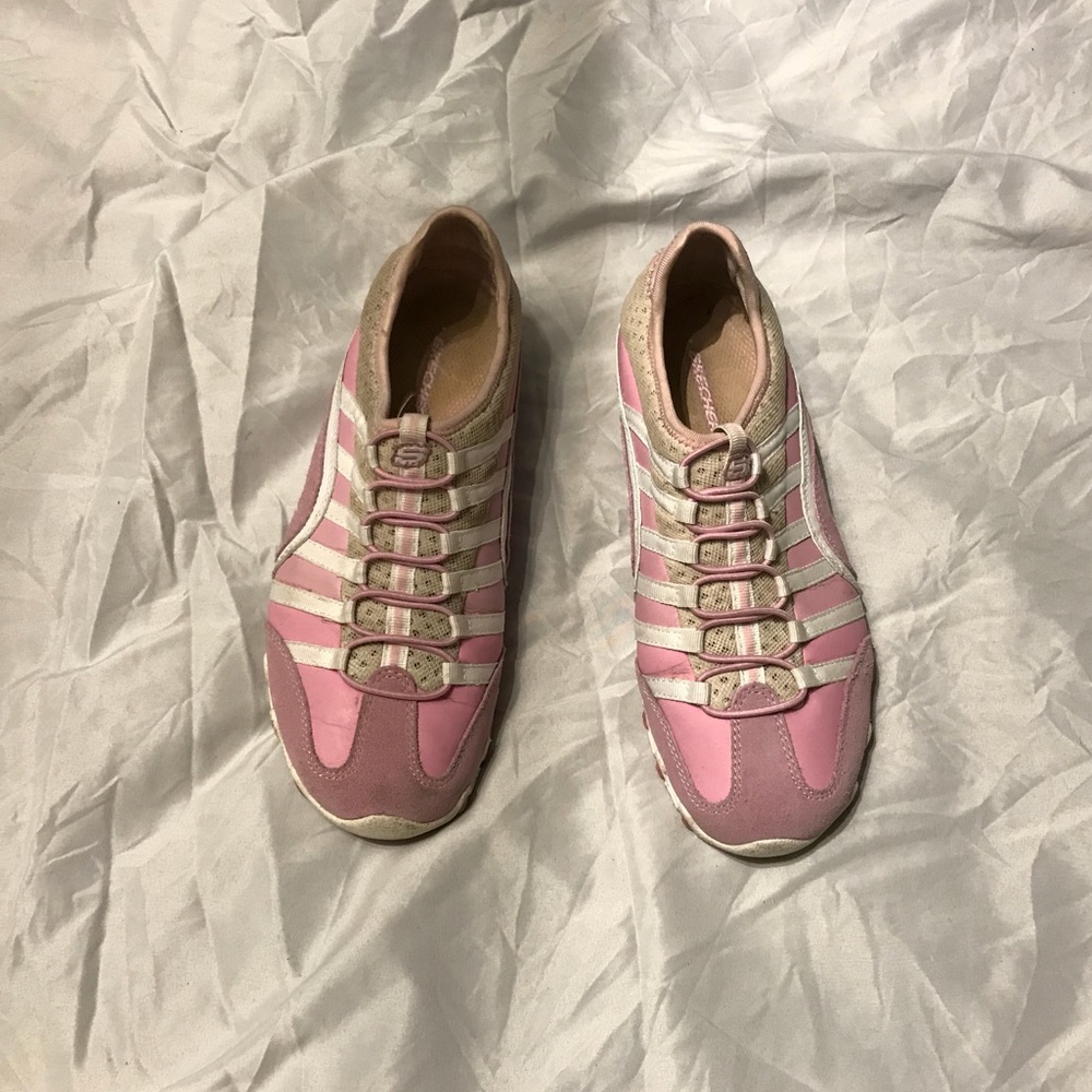 Pink and White Skechers